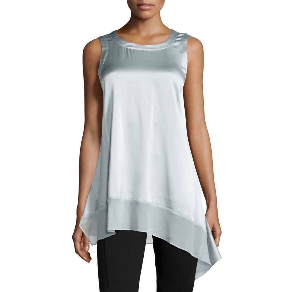 Eileen Fisher Silk Charmeuse Stretch Sleeveless Asymmetric Tunic Top Grey XS‎
